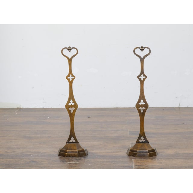 Gothic 19th-Century English Bronze Andirons with Gothic Details and Heart Finials For Sale - Image 3 of 12