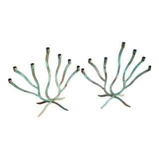 Vintage 7 Arm Brutalist Candelabra Hand-Forged Iron and Copper With Verdigris, a Pair For Sale