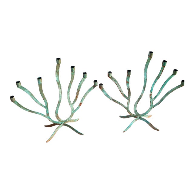 Vintage 7 Arm Brutalist Candelabra Hand-Forged Iron and Copper With Verdigris, a Pair For Sale