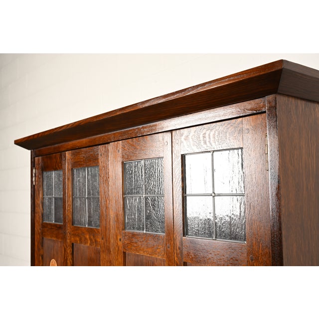 Brown Stickley Harvey Ellis Collection Mission Arts & Crafts Inlaid Oak and Leaded Glass Armoire or Media Cabinet For Sale - Image 8 of 17