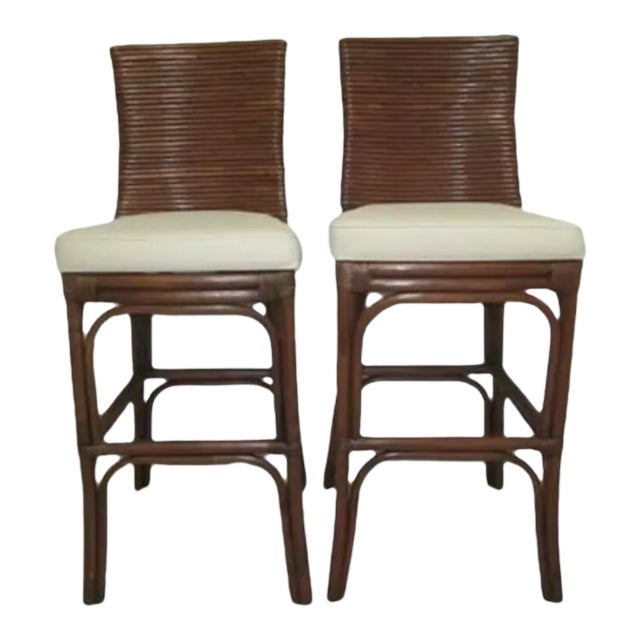 1990s Rattan Bamboo Tommy Bahama Style Upholstered Beige Barstools- Set of 2 For Sale