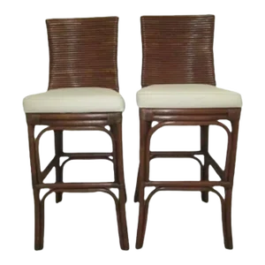 1990s Rattan Bamboo Tommy Bahama Style Upholstered Beige Barstools- Set of 2