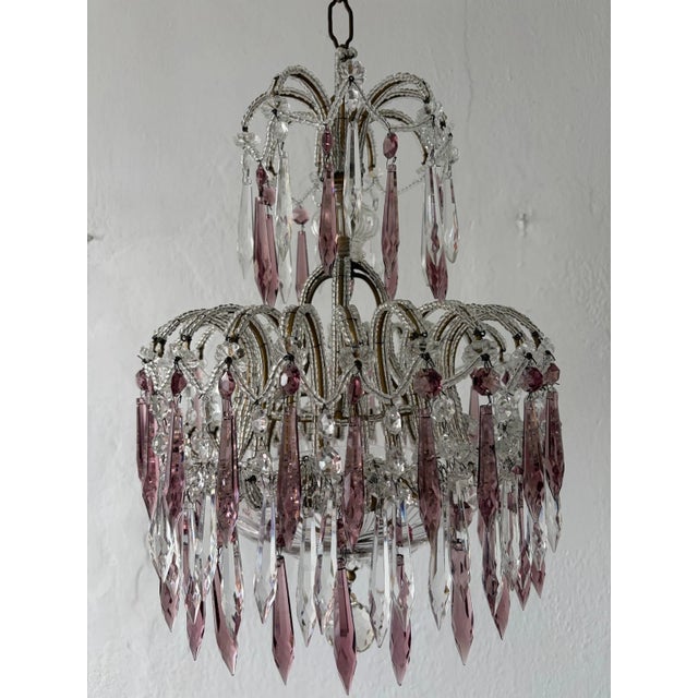 Italian Micro-Beaded Tiered Amethyst Crystal Prisms Chandelier C 1920 One of Two For Sale - Image 11 of 14