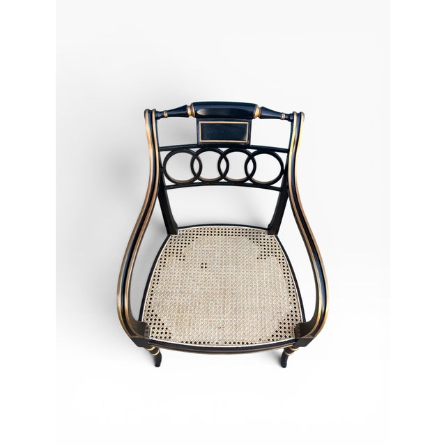 Wood Pair of Baker Furniture “Governor Alston” Regency Black & Gilt Caned Armchairs For Sale - Image 7 of 14