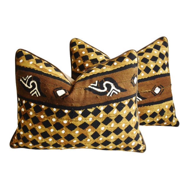 Abstract Malian Tribal Mud-Cloth & Velvet Feather/Down Pillows 24" X 18" - Pair For Sale