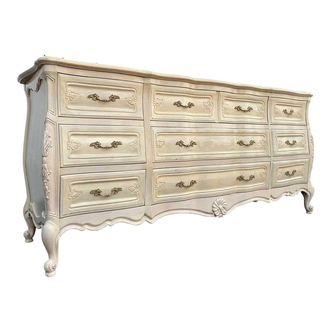 1960s Vintage French Provincial 9 Drawer Long Dresser - Ivory White & Gold Brass | Chairish