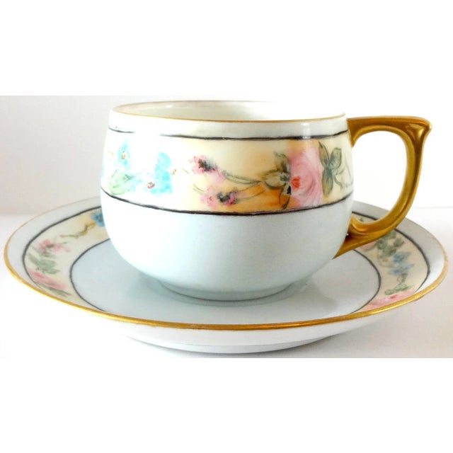 Ceramic Antique 1920s Noritake Pale Blue Forget-Me-Nots and Pink Roses Porcelain Tea Cup and Saucer For Sale - Image 7 of 7