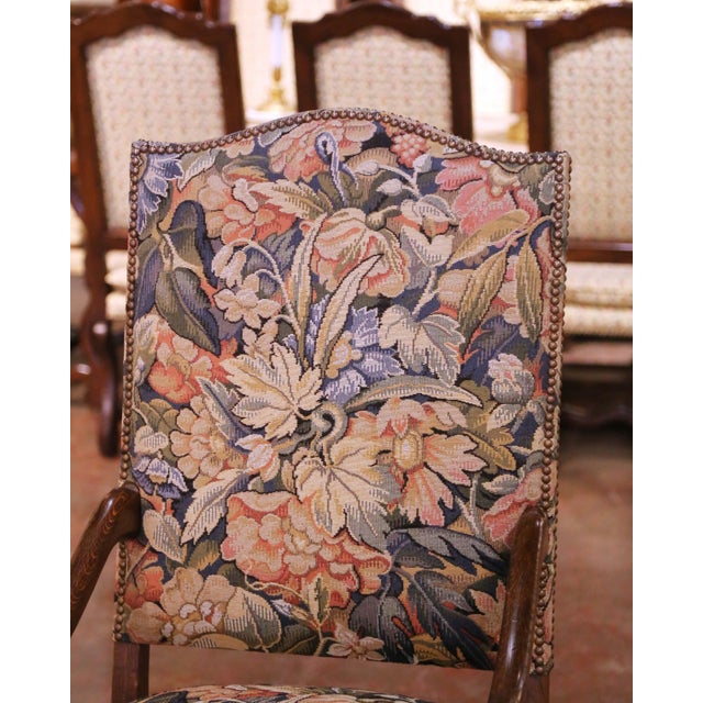 Wood Louis XIII Style Oak Dining Room Armchairs With Tapestry Upholstery, Set of 12 For Sale - Image 7 of 10