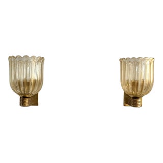 1960s Italian Murano Glass & Brass Art Deco Sconces - Pair For Sale