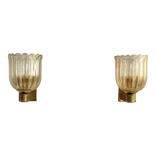 1960s Italian Murano Glass & Brass Art Deco Sconces - Pair For Sale