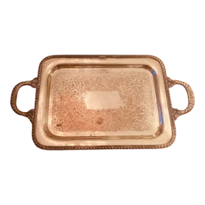 1970s Small Etched Dual Handle Decorative Tray in Silver Plate Over Copper