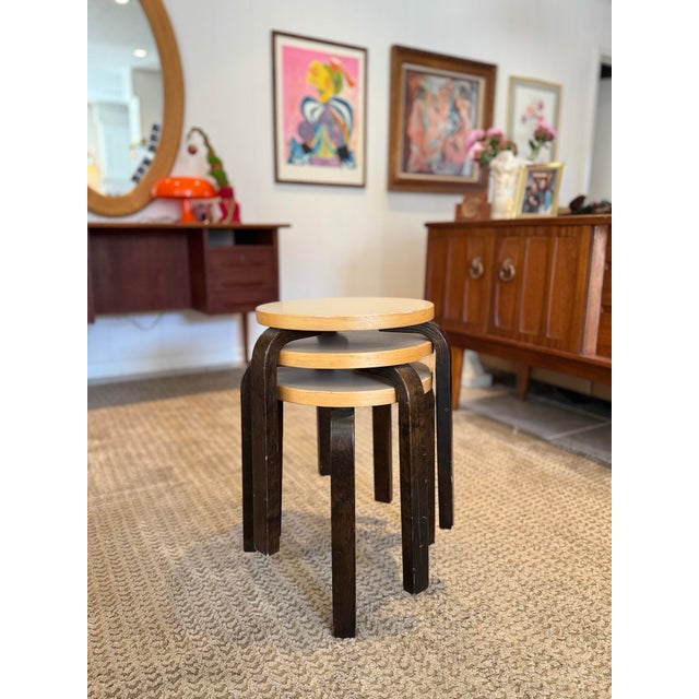 Wood A Set of 3 Italian Bentwood Stools by Alvar Aalto for Armtek, Circa 2017. The “E60” Model. For Sale - Image 7 of 12
