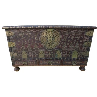 1900s Moorish Teak & Brass Studded Trunk For Sale