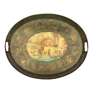 19th Century Antique French Tole Pieced Edge Tray With Polychrome Painted Surface For Sale