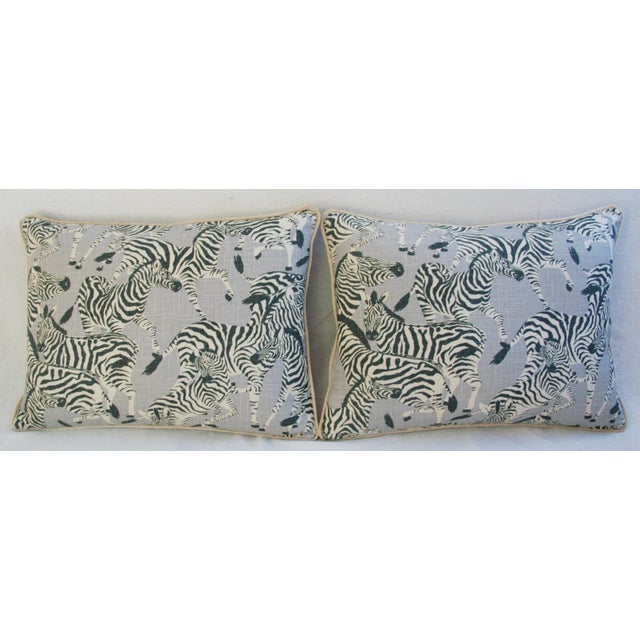 Mid-Century Modern Custom Safari Zebra Linen/Velvet Feather & Down Pillows 24" X 18" - Pair For Sale - Image 3 of 9
