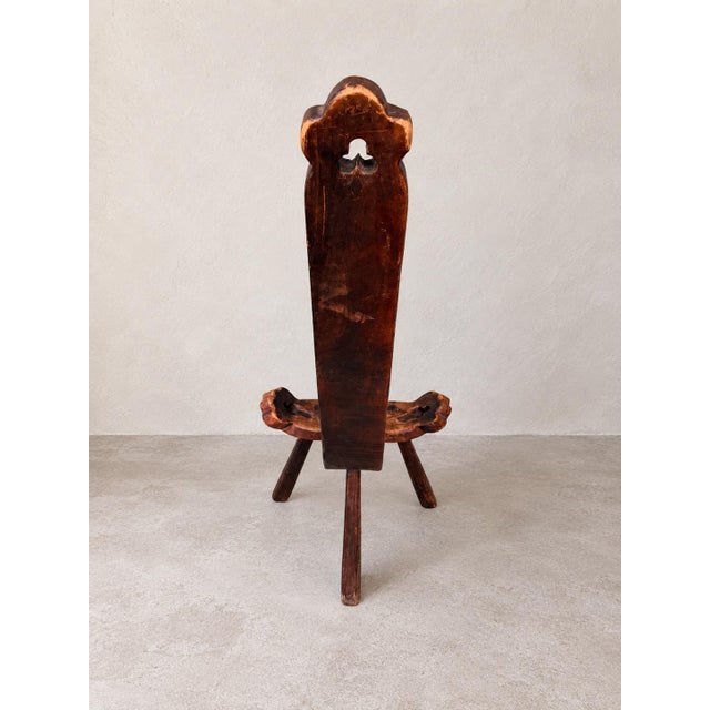 Rustic European Vintage European Primitive Three-Legged Hardwood Birthing Chair With Trefoil Cutouts For Sale - Image 3 of 8