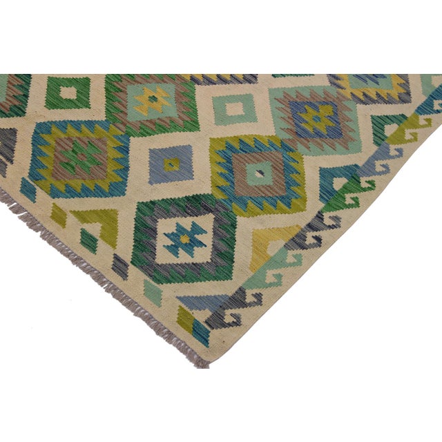 Tribal Bohemian Kilim Ivory Green Wool Rug - 5'6" X 8'1" For Sale - Image 3 of 7