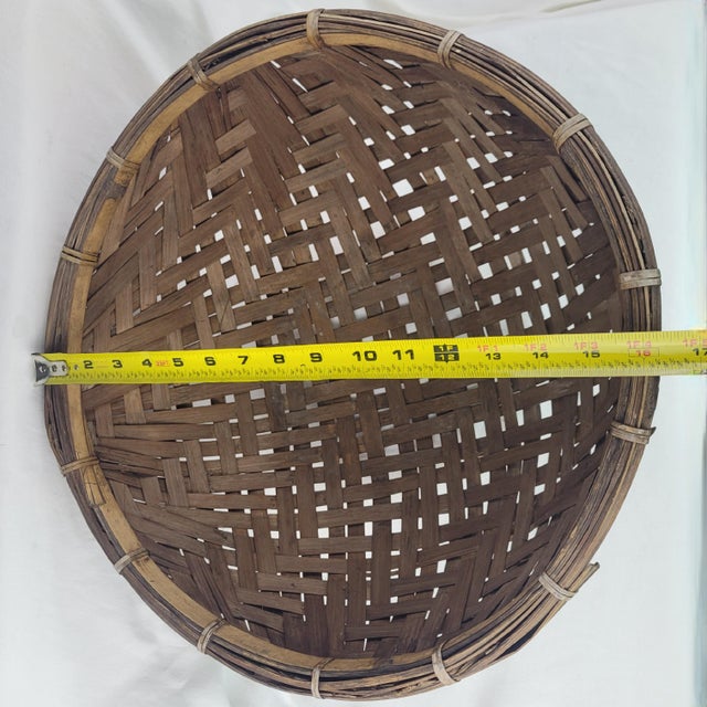 Vintage Hand Woven Bamboo Winnowing Basket Deep Round Rustic Boho Farmhouse For Sale - Image 9 of 9