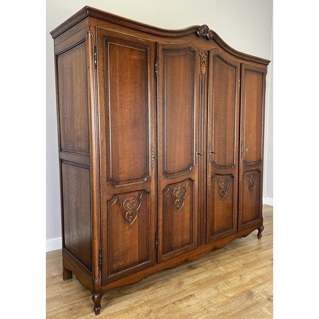 Vintage French Louis XVI Style Carved Oak 4-Door Wardrobe For Sale - Image 3 of 13