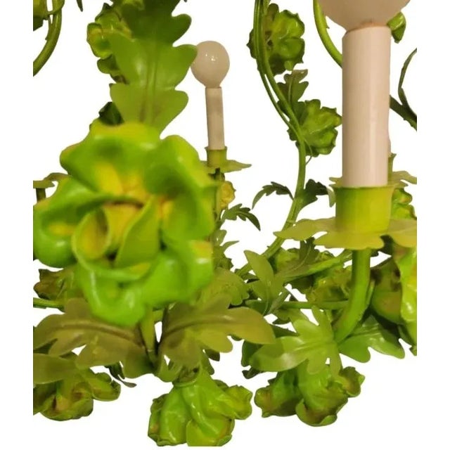 1970s Vintage Tole Chinoiserie Italian Painted Lime Pale Green Rose 5 Light Chandelier For Sale - Image 5 of 10