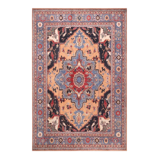 Rustic Kazak Orange/Blue Wool Rug - 8'1''x10'0'' For Sale