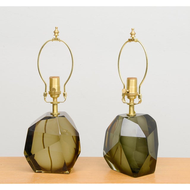 Pair of Contemporary Murano Amber Table Lamps. Set of 2. The H 16.75" is from the base to the top of the finial....