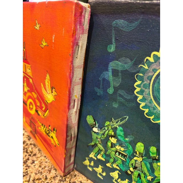 Orange Pair of Vintage Post Modern Signed 1972 Whimsical Folk Paintings on Stretched Canvas – Fire Truck & Marching Band (Pair For Sale - Image 8 of 18