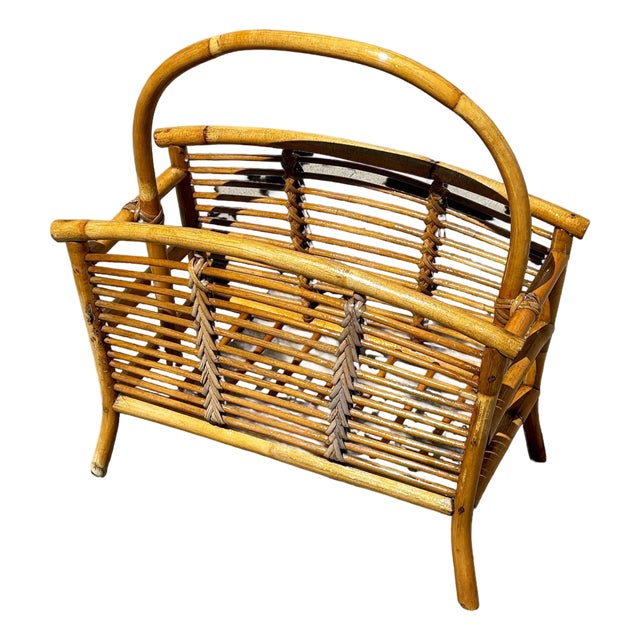 Restored Mid 20th Century Stacked Reed Rattan Magazine Rack For Sale