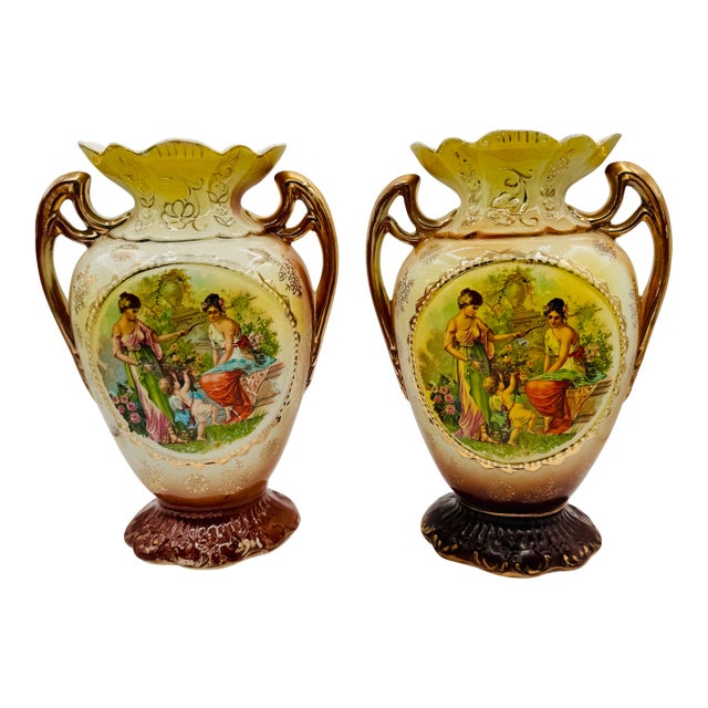 Pair of Victorian Ceramic Porcelain Urns/ Vases Figural Scene & Rose Back Transfers #848 For Sale
