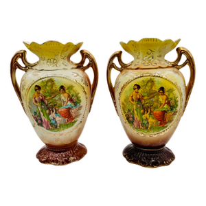 Pair of Victorian Ceramic Porcelain Urns/ Vases Figural Scene & Rose Back Transfers #848