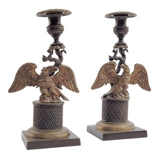 Empire Eagle Pair of Brass Candlesticks, Circa 1820 For Sale
