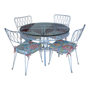 Vintage Rene Prou Style Wrought Iron Round Glass Top Patio Table & 4 Chairs