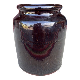 A Fine Antique Pennsylvania Folk Art Redware Preserve Jar With an Albany Glaze, 1870's For Sale