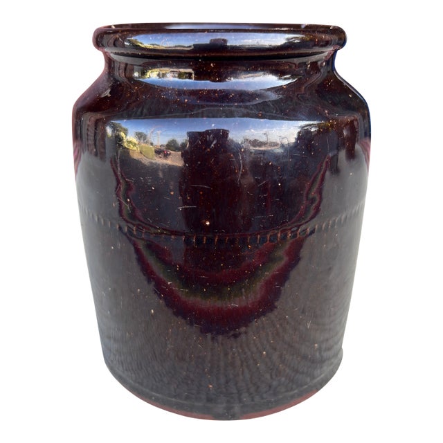 A Fine Antique Pennsylvania Folk Art Redware Preserve Jar With an Albany Glaze, 1870's For Sale