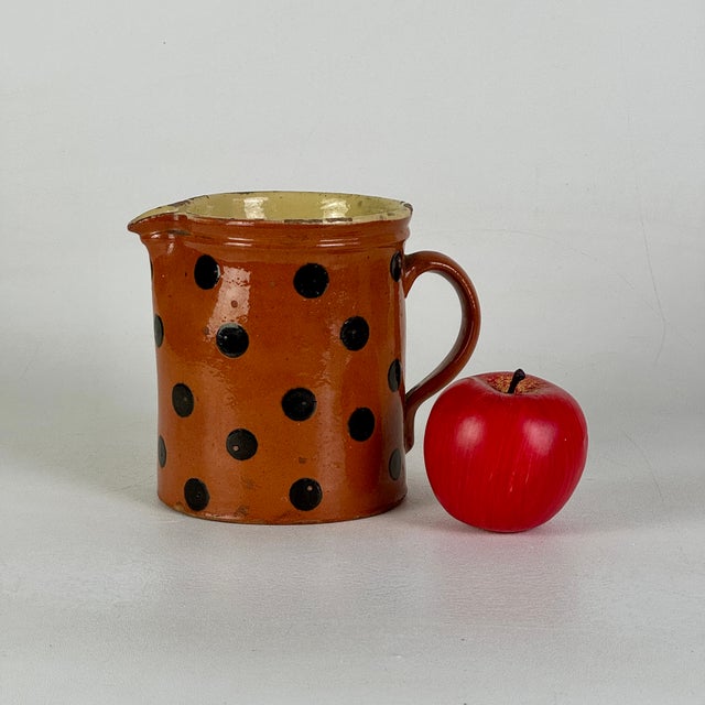 French Antique 19th Century French Hand Painted Polkadot Pitcher in Fiery Pumpkin Orange, Large 6" H For Sale - Image 3 of 8