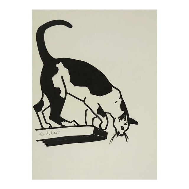 1987 Pen and Ink Drawing of Black and White Cat For Sale
