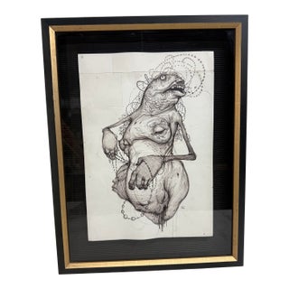 Original 2009 Ekundayo Pop Surrealism Pen Ink Grace Graphite Fish Drawing Sketch For Sale