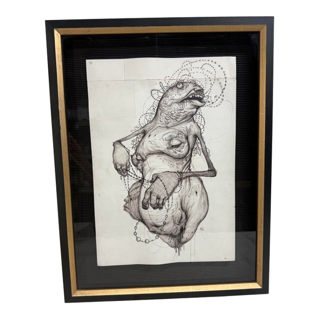 Original 2009 Ekundayo Pop Surrealism Pen Ink Grace Graphite Fish Drawing Sketch For Sale