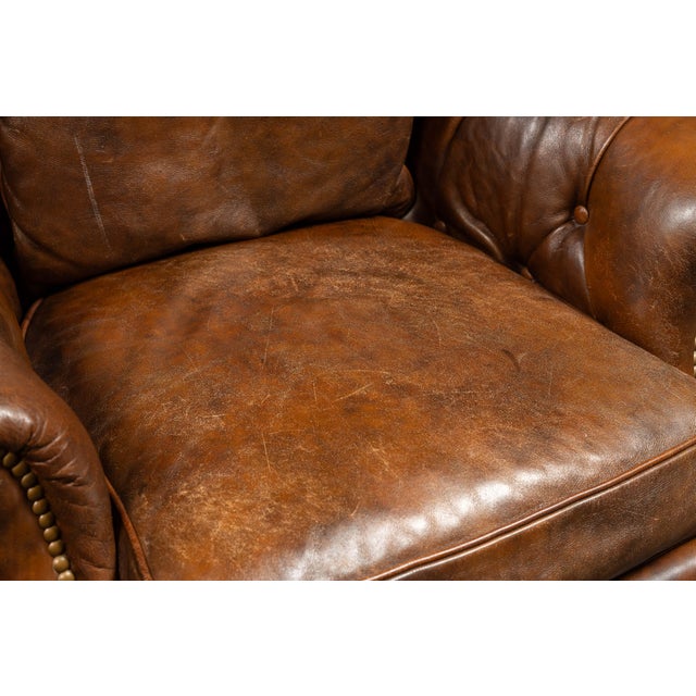 Brown Vintage Tufted Leather Highback Armchair With Lumbar Pillow in Brown For Sale - Image 8 of 11