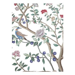 Custom Hand-Painted Chinoiserie Mural | Mint Green Floral Bird Wallpaper | Luxury Handcrafted Wall Covering For Sale