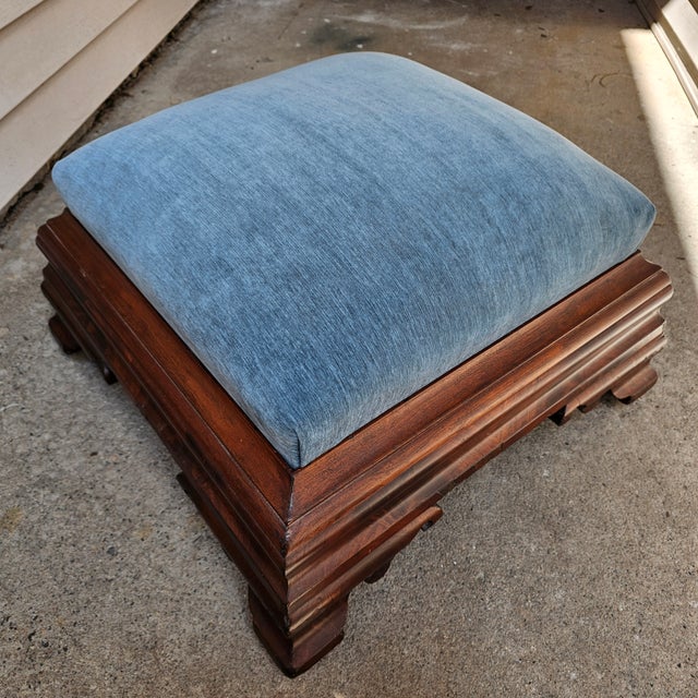 Traditional Mid 19th Century Flame Mahogany Empire Footstool Coastal Blue Velvet For Sale - Image 3 of 10