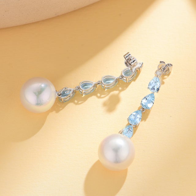 Nina Zhou Jewelry Nina Zhou Rhythm 3.25ctw Natural Aquamarine & Diamond and Pearl Drop Earrings in 14k Gold For Sale - Image 4 of 9