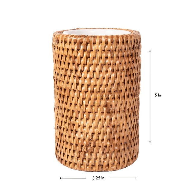Artifacts Rattan Round Tumbler with Ceramic Insert, Honey Brown For Sale - Image 4 of 5
