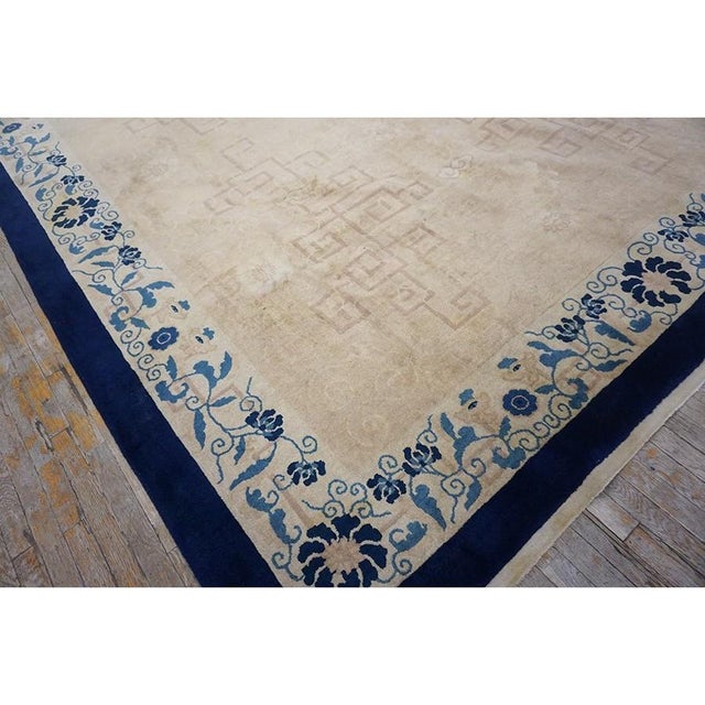1920s 1930s Beige Open Field Light Blue Floral Shou Symbols Antique Chinese Peking Rug For Sale - Image 5 of 10