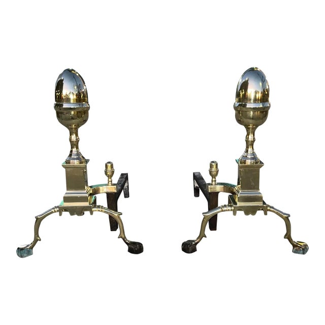 Vintage high quality American Federal style reproduction solid brass andirons having large acorn finials and cast iron...
