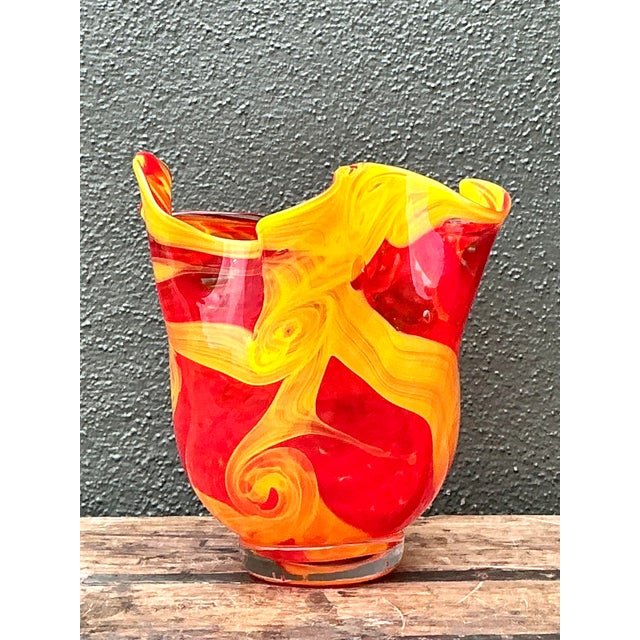 Yellow Vintage Italian Art Glass Vase After Murano For Sale - Image 8 of 12