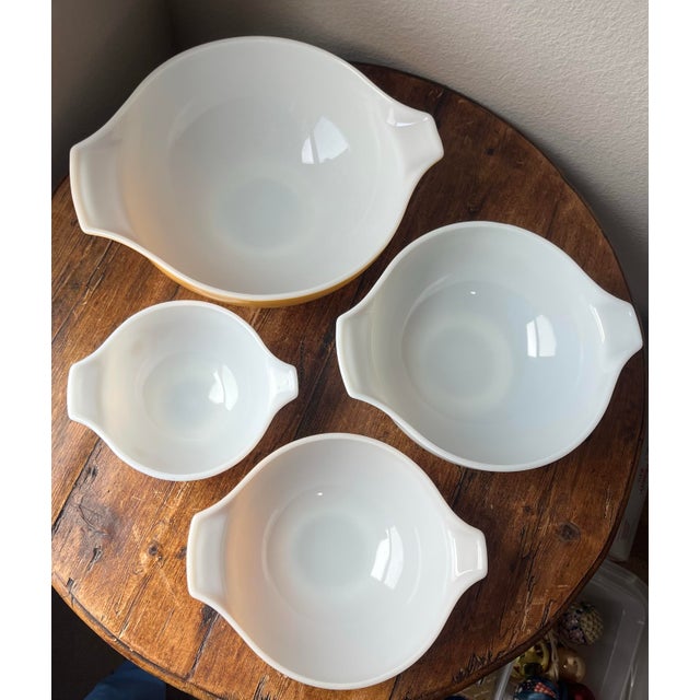 Pyrex Vintage 1970's Pyrex Cinderella Butterfly Gold Nesting Mixing Bowls Set of 4, 441, 442, 443 (As Is), 444 For Sale - Image 4 of 9