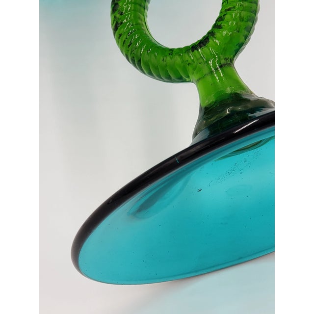 Mid 20th Century Empoli Italy Peacock Glass Draped Optic Footed Compote Vase/Bowl For Sale - Image 9 of 10