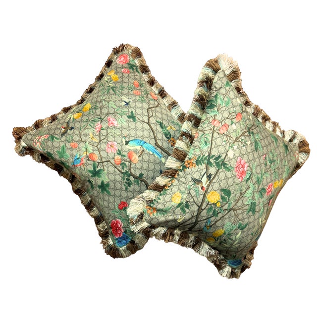 Chinoiserie Gucci Gg Chinoiserie Tree of Life Vintage Silk Scarf Pillow 22" For Sale - Image 3 of 5