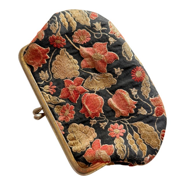 Vintage Mid-Century Modern Japanese Floral Brocade Kiss-Lock Coin Purse For Sale